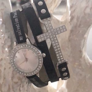 Sparkly adjustable watch w/brown faux leather band